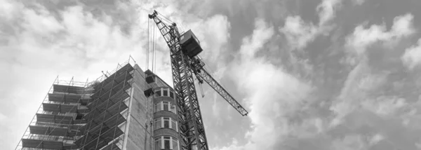 Panorama Noir Blanc Immeuble Résidentiel Plusieurs Étages Construction Grue Sur — Photo