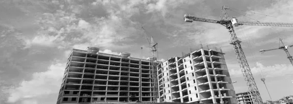 Panorama Noir Blanc Immeuble Résidentiel Plusieurs Étages Construction Grue Sur — Photo