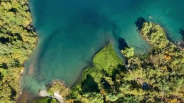Hava manzarası: Rusya 'nın Kafkasya kentindeki Alp Baduk Gölü' nün temiz, turkuaz sularıyla açık bir yaz gününde kıyılar