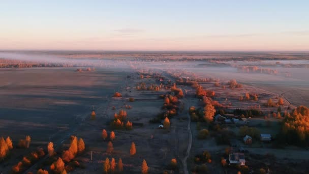 Widok Lotu Ptaka Latanie Nad Rosyjską Wioską Jesienią Rano Mgła — Wideo stockowe