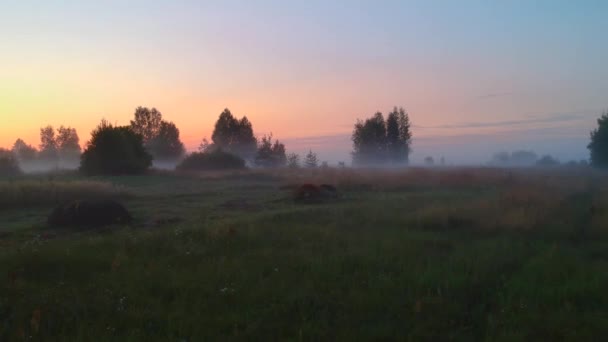 Volando Sobre Prado Inclinado Pueblo Ruso Niebla Amanecer — Vídeos de Stock