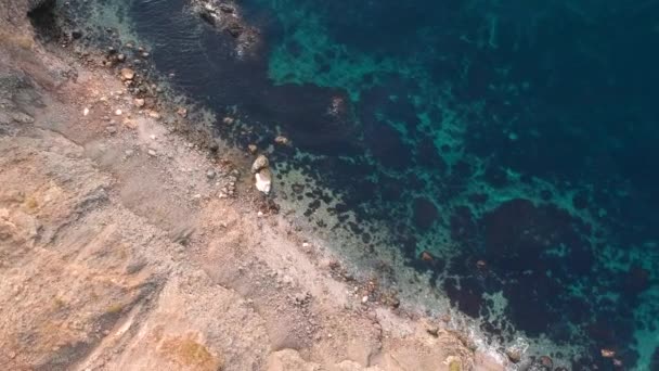 透明なターコイズブルーの海に浮かぶ険しい海岸の鳥の目の景色 岩や岩に波が打ち寄せる 青い海の波 — ストック動画