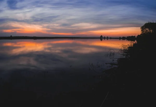 Large Panorama Most Beautiful Scarlet Sunset River Spring — Stock Photo, Image