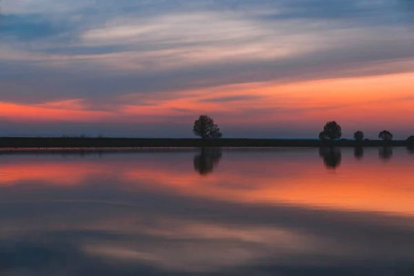 Large Panorama Most Beautiful Scarlet Sunset River Spring — Stock Photo, Image