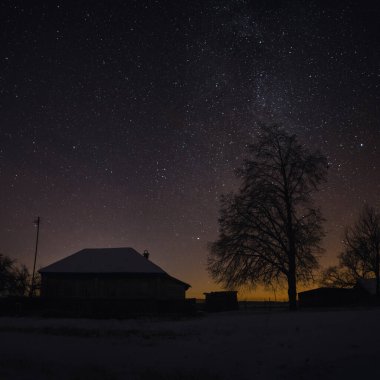 Rusya 'da soğuk ve yıldızlı bir gecede köyde uyuyan evler