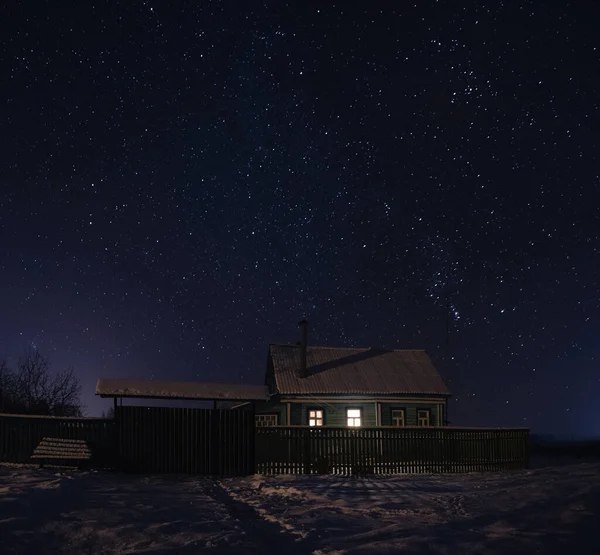 Casas Dormir Pueblo Una Noche Helada Estrellada Rusia — Foto de Stock