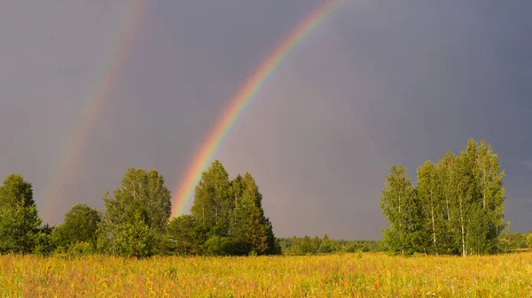 Large panorama of the rainbow landscape over the field on a summer day