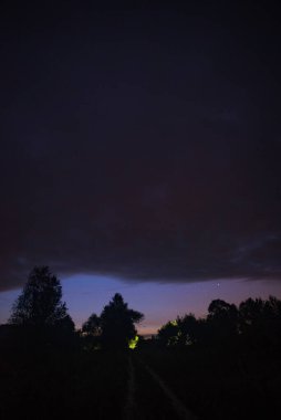 Kırsalda yol, yaz, ağaçların arasında yıldızlı gece..