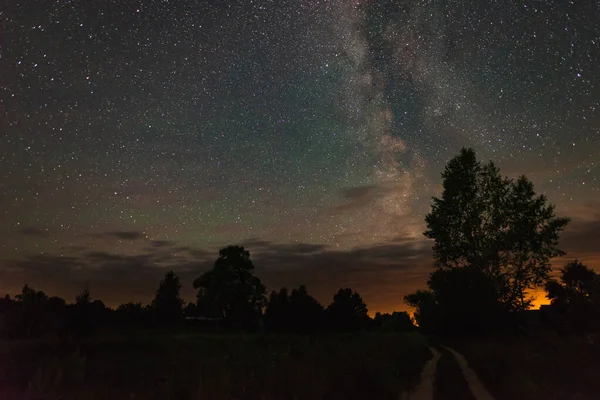 Kırsalda Yol Yaz Ağaçların Arasında Yıldızlı Gece — Stok fotoğraf