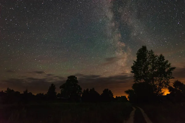 Weg Het Platteland Zomer Sterrennacht Tussen Bomen — Stockfoto