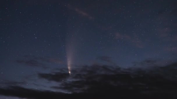 夜空に浮かぶ雲の中でのC 2020 F3彗星の動きのタイムラプス — ストック動画