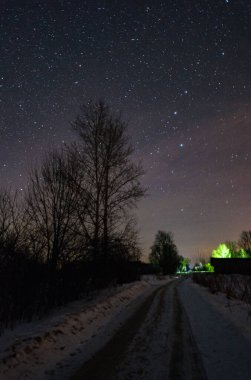 Rus köyündeki yol, geceleri soğuk ve karlı. Ağaçlar ve yukarıdaki yıldızlı gökyüzü. Büyük ayının takım yıldızı gökyüzünde parlıyor..
