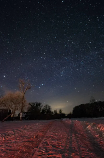 Silniční Zima Hvězdné Noci Vesnici Kolem Stromů — Stock fotografie