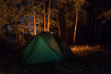 Yaz ormanında ateşin yanında yeşil çadır