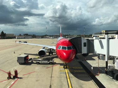 Havaalanında köprüde park etmiş kırmızı jet.