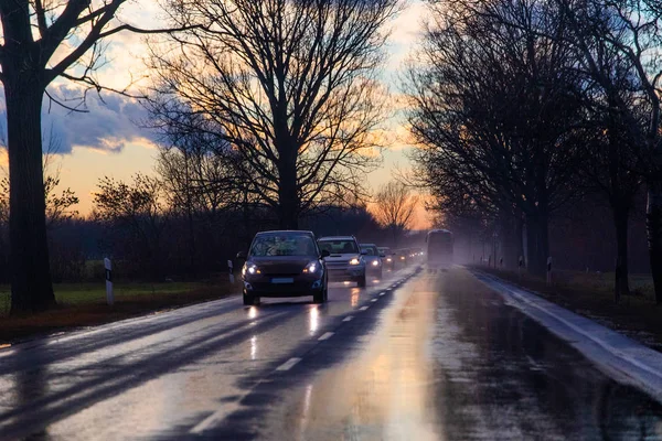 Uitzicht Auto Rijden Natte Weg Regenachtige Dag — Stockfoto