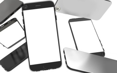 Düşen akıllı telefonların beyaz arkaplandaki 3D görüntüsü