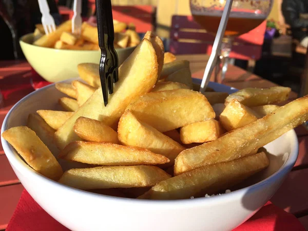 French Fries White Pot Plastic Fork — Stock Photo, Image
