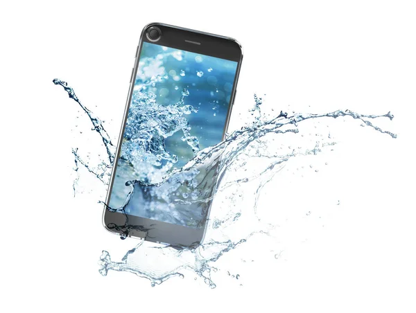 三维渲染的智能手机在白色背景下飞溅入水中的图像 — 图库照片