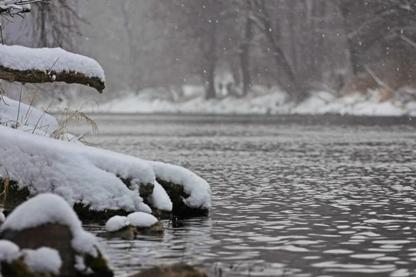 Parque Inverno Com Neve Rio Frio — Fotografia de Stock