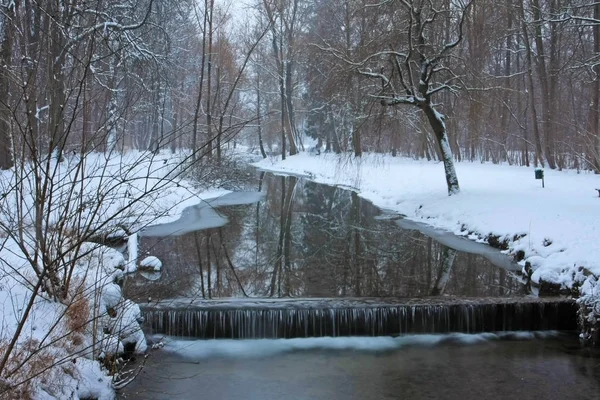 Parque Inverno Com Neve Rio Frio — Fotografia de Stock