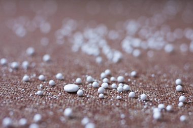 Kahverengi halıya dağılmış beyaz taşlar.