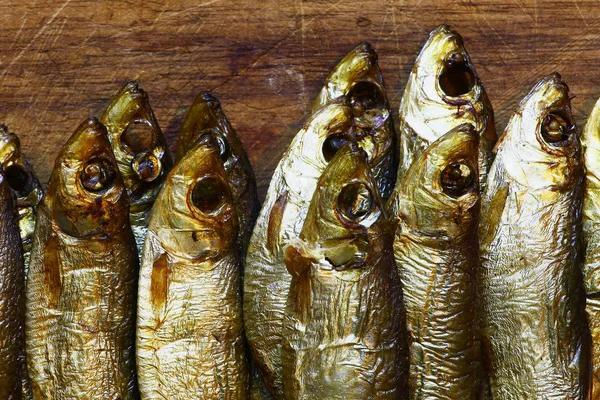 Close View Smoked Fish Wooden Board — Stock Photo, Image