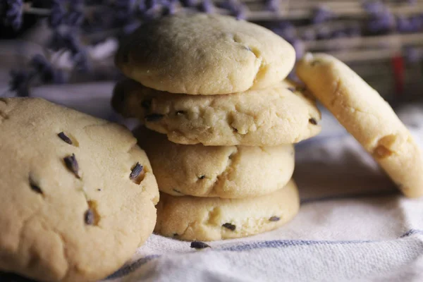 close-up shot of delicious chocolate chip cookies on napkin