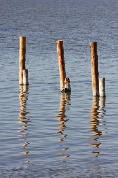 Scenic View Wooden Poles Reflecting Water — Stock Photo, Image