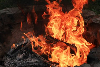 karanlıkta yanan kamp ateşinin yakın çekim çekimi