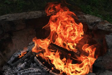 karanlıkta yanan kamp ateşinin yakın çekim çekimi