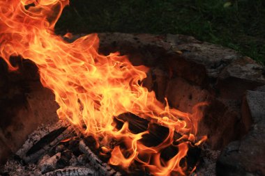 karanlıkta yanan kamp ateşinin yakın çekim çekimi