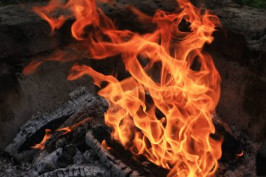 karanlıkta yanan kamp ateşinin yakın çekim çekimi