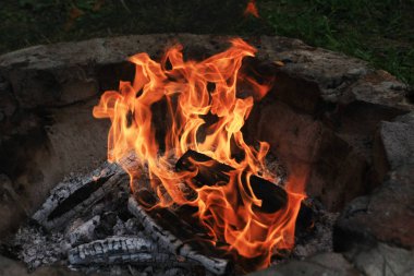 karanlıkta yanan kamp ateşinin yakın çekim çekimi