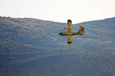 yeşil tepe üzerinde uçan yangın söndürme uçağı