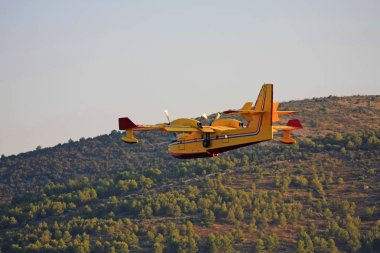 yeşil tepe üzerinde uçan yangın söndürme uçağı