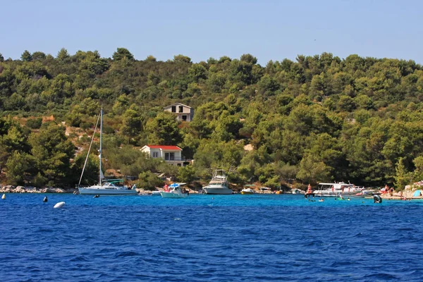 Plano Escénico Costa Rocosa Con Árboles Verdes Hermoso Mar Azul —  Fotos de Stock