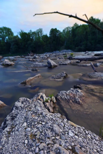 Vista Panoramica Sulla Spiaggia Del Fiume Con Rocce Tronchi Albero — Foto Stock