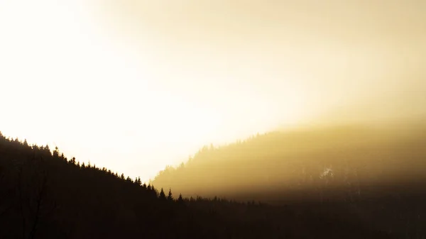 Мальовничий Знімок Красивого Заходу Сонця Туманний Гірський Пейзаж Фону — стокове фото