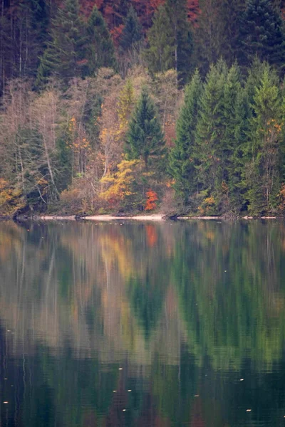 Ruhige Aufnahme Eines Wunderschönen Bergsees Mit Herbstlichen Bäumen Die Sich — Stockfoto