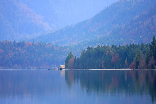 Poklidný Záběr Krásného Horského Jezera Autovským Stromovem Který Odráží Vodě — Stock fotografie