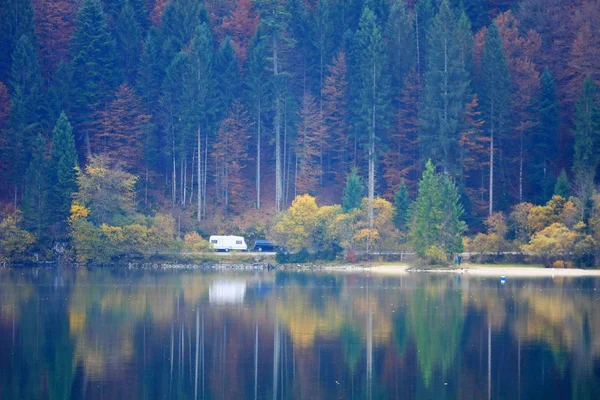 Poklidný Záběr Krásného Horského Jezera Autovským Stromovem Který Odráží Vodě — Stock fotografie