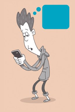 Sinirli ve endişeli karikatür adam, ürpertici saçlı, onun cep telefonu yazarak