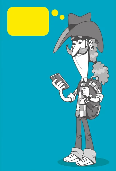 漫画のカントリーマン 口ひげ 長い髪 チェック柄のシャツと帽子を着用し バックパックで 彼の携帯電話を使用して — ストックベクタ