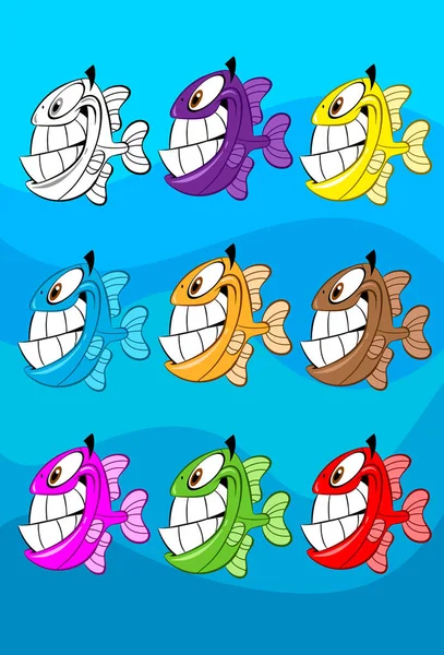 Yuhull Shoal Happiest Cartoon Fishes Colorful Vector Fishes Have Modern — Stock Vector