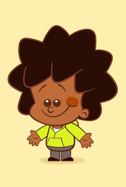 Cute Cartoon Boy Black Power Hair Smiling Vector Character Has — Stock Vector