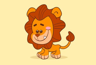 Sevimli karikatür aslan gülümsüyor. Bu vektör karakteri modern bir mizah tasarımına sahiptir. Renkleri kolayca edinebilirsiniz. Projeniz, partiniz, deseniniz veya etiketiniz için.