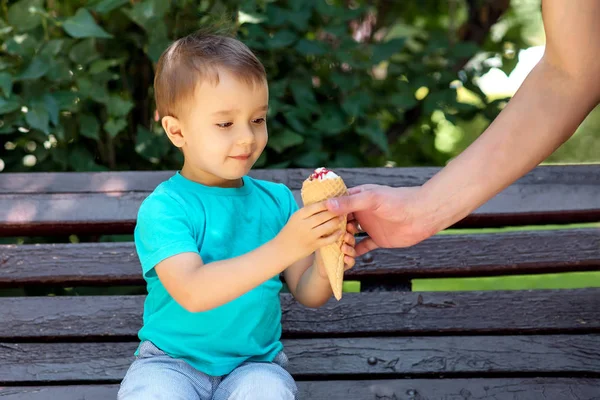 公園のベンチに座って 夏や秋の日に屋外で父親の手からアイスクリームを取る小さな幼児の男の子 子供は期待と楽しみでデザートを見ています お父さんと息子の関係の概念 — ストック写真