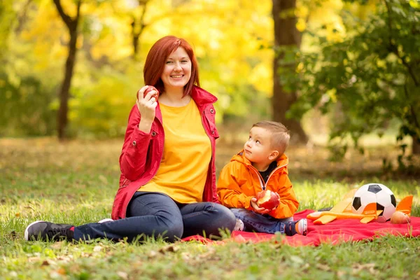 Autumn family picnic: middle-aged mother and toddler son eating apples while sitting on red blanket in park or forest, toy airplane and soccer ball lay near them. Child is looking at mom or asking her something. Yellow trees in background