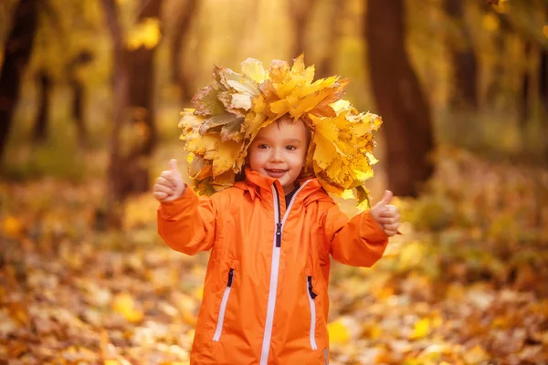 Portrait Little Toddler Boy Crown Yellow Leaves Standing Colorful Autumn — ストック写真
